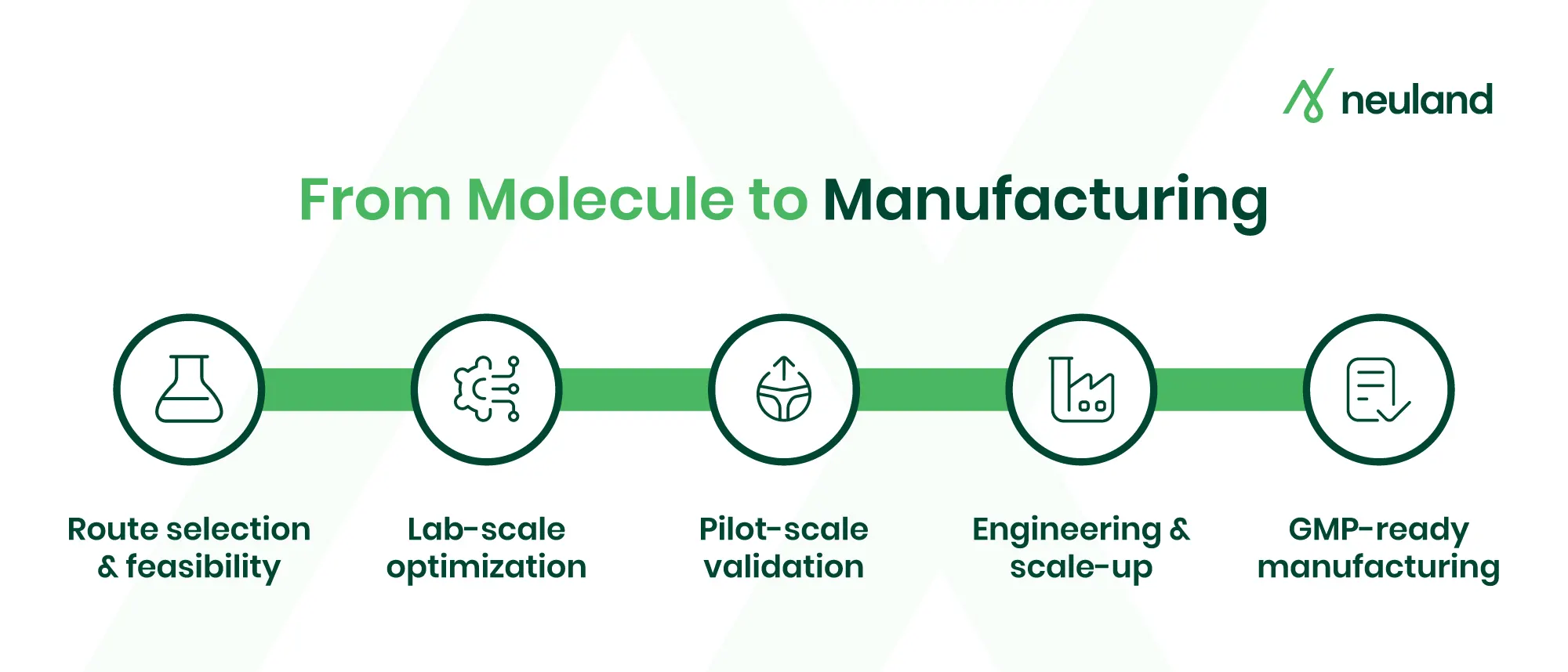 Infographic showing key stages of API process development from lab feasibility to GMP manufacturing.