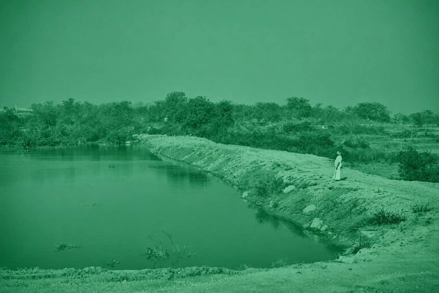 Person standing on the earthen embankment of a rural water body, in a green-tinted banner for the Neuland Foundation's community work