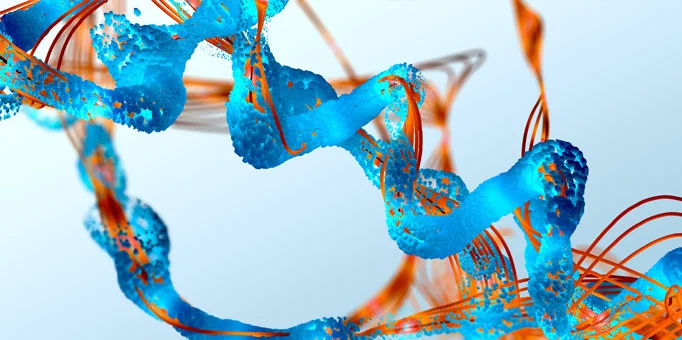 3D render of blue peptide helices wrapped in orange ribbon strands on a pale background, representing peptide CDMO services