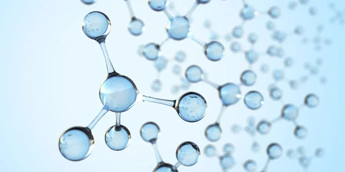 Transparent 3D molecular structures on a light blue background, representing small molecule CDMO services